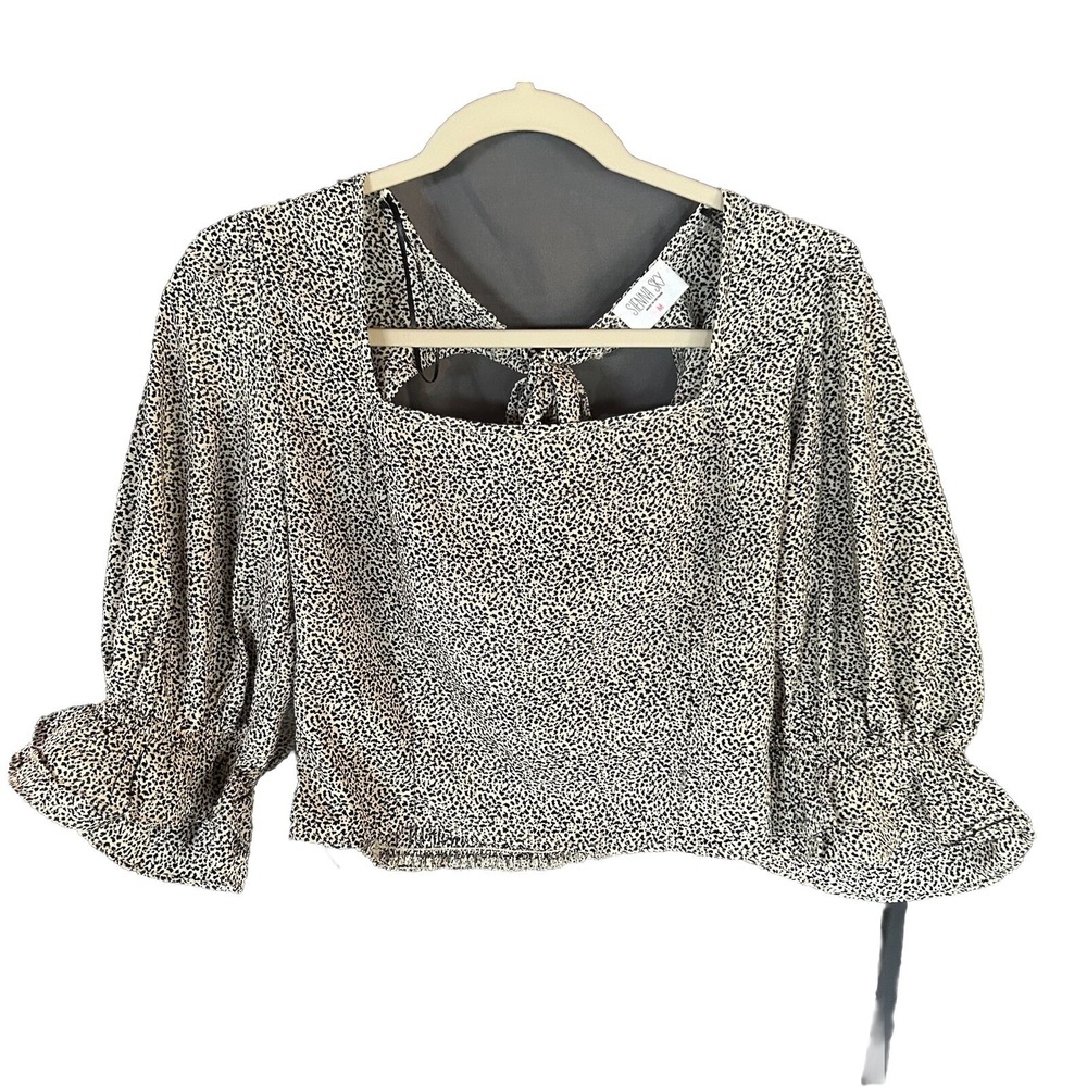 SIENNA SKY Leopard Print Blouse Cropped Puff Sleeve Square Neck Boho‎ Cottage M